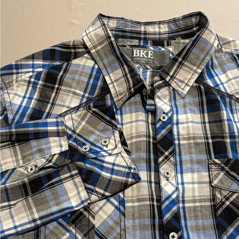 BKE Buckle Men's XXL Western‎ Shirt Blue Plaid Pearl Snap Standard Fit Cowboy LS